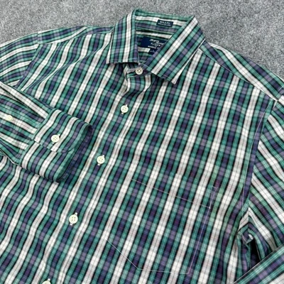 J Crew 衬衫男式小号 14-14.5 绿色格子 Thompson 80 年代 2 层纽扣 — 第 1/4 张图片