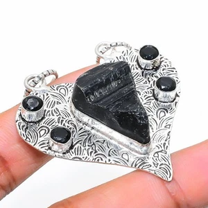 Nera Tormalina, Nero Spinello Gemma 925 Pendente Argento Sterling 5.5cm - Foto 1 di 5