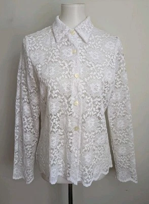 Vtg 80s White Lace Shirt Jacket Button Top Sheer Stretch USA 8 10 Cottage Boho - Image 1 of 4