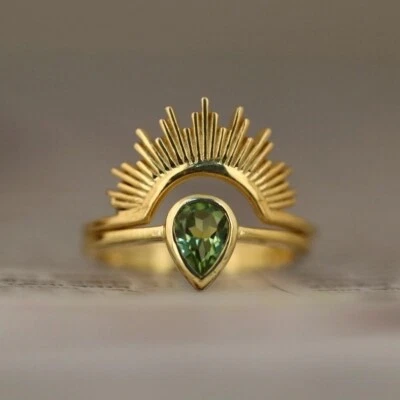 Peridot Art Deco Bridal Gemstone Ring Handmade Wedding Engagement Ring Set - Image 1 of 4