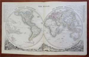 Mappa del mondo in doppio emisfero catene montuose c. 1850-8 mappa incisa Archer - Foto 1 di 6