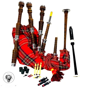 Highland Scottish Bagpipes Rosewood Natural Finish Bag + TutorBook Silver Mounts - Picture 1 of 8