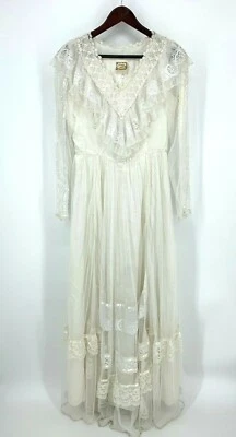 Maxi vestido de novia Gunne Sax de la década de 1970 detallado de encaje 28" mangas transparentes hippy pradera Foto 1 de 4