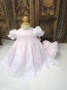 Will'beth Newborn Baby Girl Stunning Smocked Pink Dress Bonnet Lace Pearls NWT - Picture 1 of 1