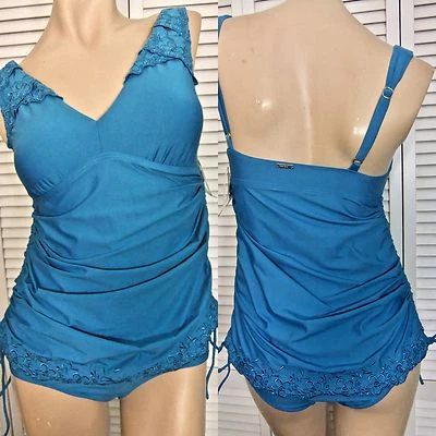 NWT $118 PERRY ELLIS One-Piece Swimsuit 6 Turqoise Blue Embroidered Floral - Image 1 of 4