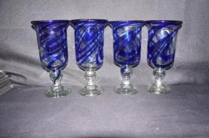 4 Large Mexican Glass Drinking Glasses Goblets Blue Swirl 7 7/8" Tall - Picture 1 of 1