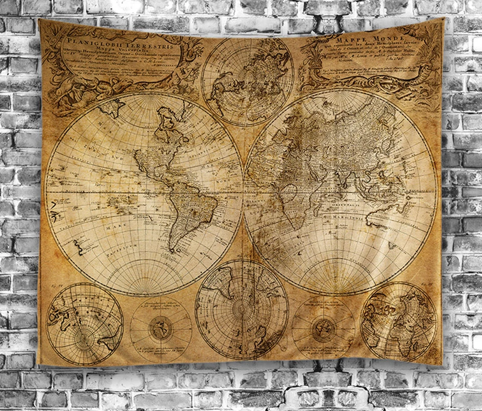 Vintage Antique-Look Map World Globe TAPESTRY 60x80 Hanging Fabric Wall Art - Image 1 of 1