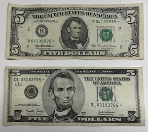 2 Different U.S.$5 FRN's, Both STAR NOTES 1999 & 2003, Green Seals, Circulated - Picture 1 of 2