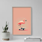 Animals in Vehicles - Flamingo on a Skateboard Poster, Art Print, Painting