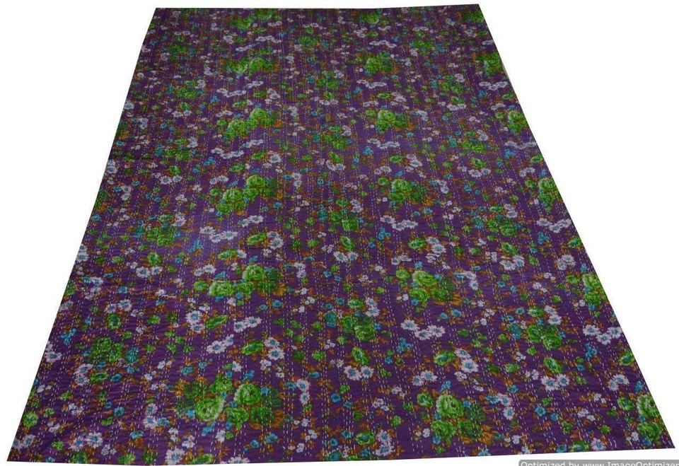 Indian Reversible Floral Throw Kantha Quilt Cotton Bedspread Twin Size Blanket - Image 1 of 1