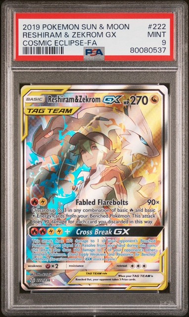 PSA 9 MINT Reshiram & Zekrom GX 222/236 SM Cosmic Eclip