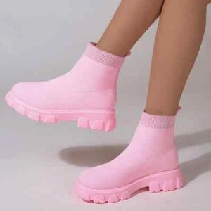 Pink Knitted Ankle Boots Women Fashion Winter 2025 Chunky Platform Sock Shoes - Picture 1 of 28