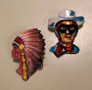 2 Vintage Pins - Pressed Tin Lone Ranger; Plastic Indian Chief Pinbacks Badges - Picture 1 of 5