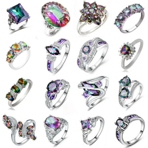 Rainbow Mystic Fire Topaz Ring Silver Plated Crystal Rings Women Wedding Jewelry