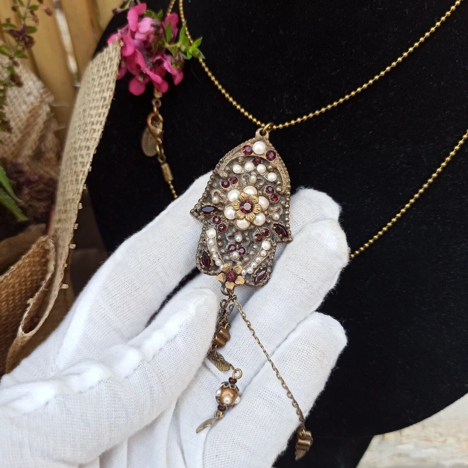 Collar Michal Negrin Hamsa Mano de Fátima Perlas Cristales Lariat Largo Rojo Regalo Foto 1 de 4