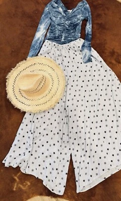 Pantalones Free People Verano Pierna Ancha Floral Ocasión S/M Nuevo Algodón Azul Foto 1 de 4