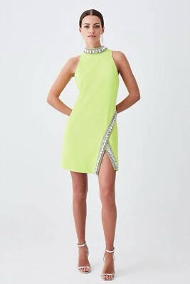 Karen Millen Petite Crystal Embellished Woven Mini Dress UK 8 BNWT Lime RRP 279 - Image 1 of 4