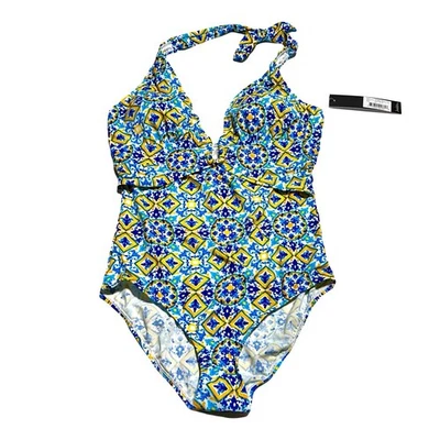 Traje de baño de una pieza NICOLE MILLER STUDIO azul griego estampado de azulejos talla 10 nuevo con etiquetas Foto 1 de 4