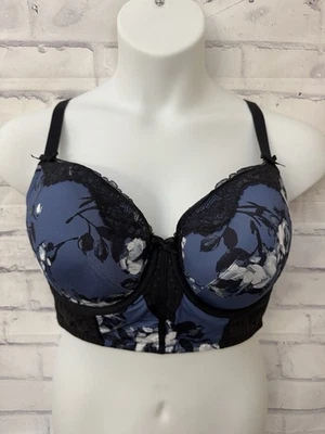 Sexy Sujetador Cacique 40DD Ligeramente Forrado Balconette Azul Negro Floral Encaje Con Aros Foto 1 de 4