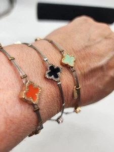 Guitar String Style Trio Of Enameled Clover & Rhinestone Bangle Bracelets - Picture 1 of 8