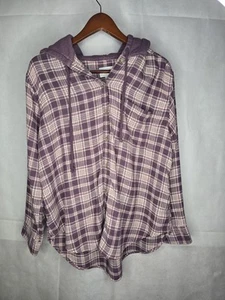 American Eagle Hooded Button-up Shirt Purple Plaid Flannel Y2K Grunge Medium - Picture 1 of 24