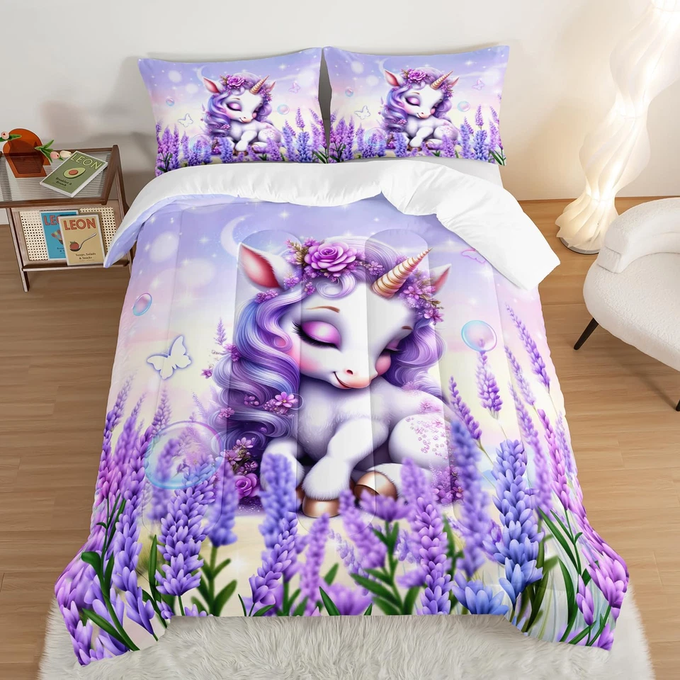 Cartoon Unicorn Bedding Twin Size for Toddler Girls Room Decor,Lavender Flash Ki - Image 1 of 4