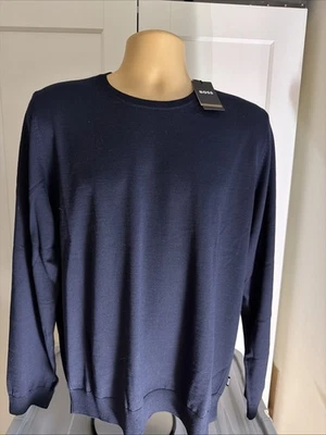 HUGO BOSS LENO-P Fine VIRGIN WOOL CREW NECK SWEATER DK BLUE SZ LG Bnwt RRP £169 - Image 1 of 4