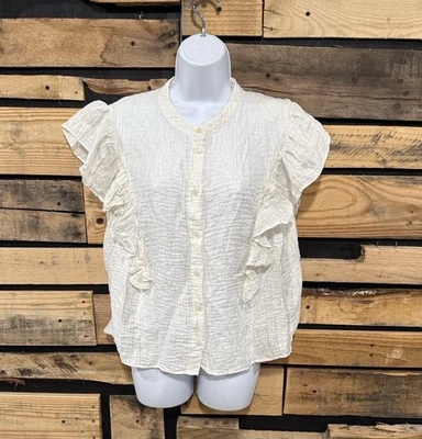 H&M Cream Cottagecore Gauzy Ruffle Trimmed Blouse Size Large - Image 1 of 4