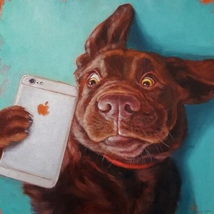 Dog Selfie by L. Heffernan Comical Chocolate Lab with Phone Art Print 12x12 In - Picture 1 of 1