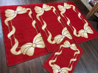 RUGWORLD JUEGO COMPLETO DE 4 ALFOMBRILLAS-ALFOMBRAS CINTA ROJA/BEIGE ANTIDESLIZANTE GRANDES X