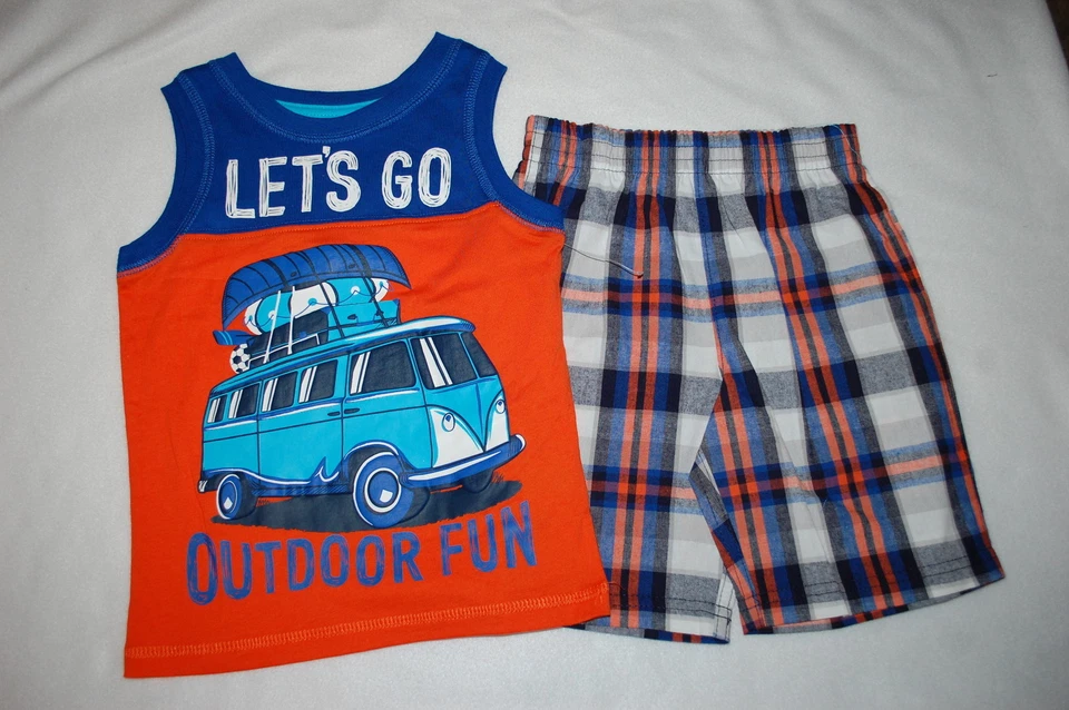Toddler Boys TANK TOP & SHORTS Blue Orange Plaid CAMPING VAN Outdoor Fun SIZE 3T - Image 1 of 1