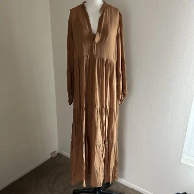 Young Fabulous & Broke Maxi Dress Womens Medium Tan Sheer Lined Ruffle Flaw - Image 1 of 4