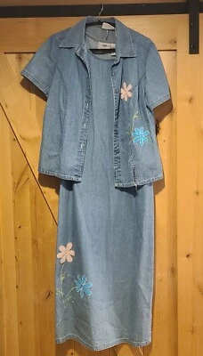 Vtg Studio Ease Blue Applique Floral Denim Shirt Maxi Dress Set Size 12 Modest - Image 1 of 4