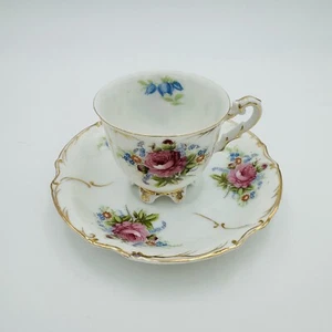 Vintage Occupied Japan Demitasse Footed Cup and Saucer w/ Rose & Gold Trim 2oz - Picture 1 of 13