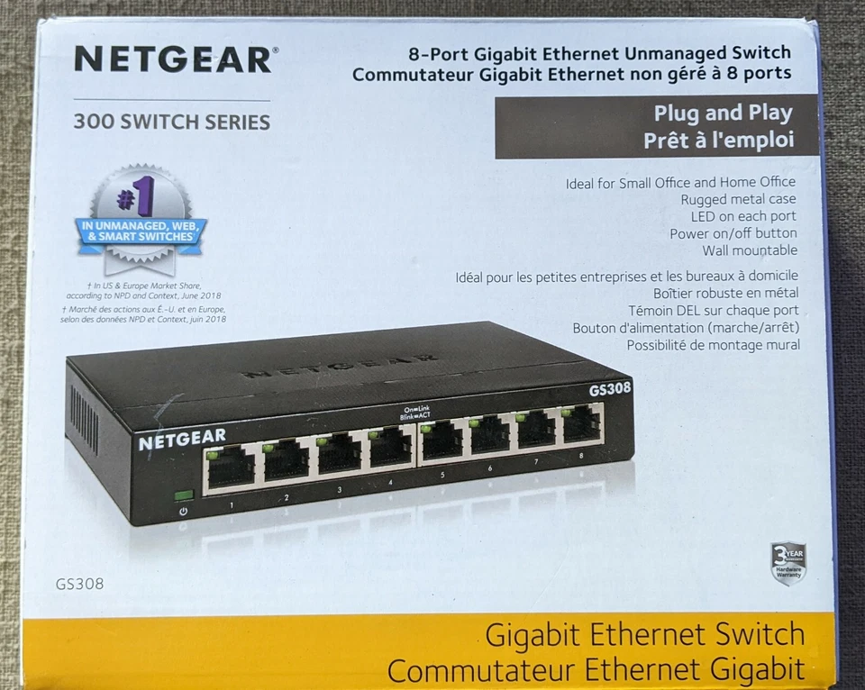 NETGEAR 8-Port Gigabit Ethernet Unmanaged Switch (GS308) - Home Network Hub - Image 1 of 2