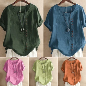 Women Ladies Cotton Linen Plus Size T-shirt Casual Loose Tunic Blouse Baggy Tee - Picture 1 of 22