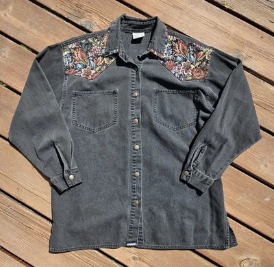 Camisa de mezclilla lavada negra Jordache de colección para mujer tapiz mediano floral cottagecore años 90 Foto 1 de 4
