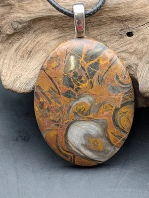 Collar de piedra colgante grande ovalado jaspe fosilizado #453 Foto 1 de 4