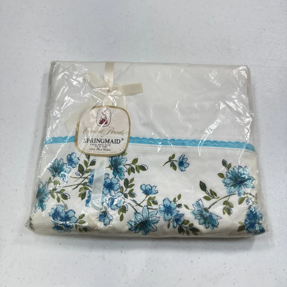 vintage springmaid flat sheet twin blue floral blend mcm retro 70s NOS usa - Image 1 of 4