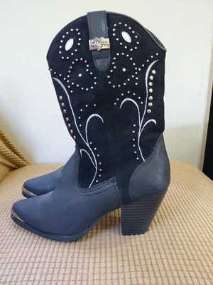 Botas vaqueras Dingo negras de cuero con tachuelas Ava con tacón apilado para mujer talla 6,5 Foto 1 de 4