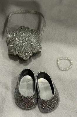 Monedero American Girl plata brillo copo de nieve ~ bolso para muñeca de 18" pulsera y zapatos Foto 1 de 4