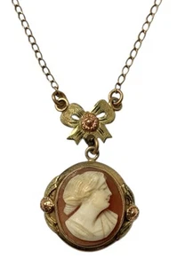 Antike 10K Gold Edwardianische geschnitzte Kamee Halskette Art Deco Schmuck PAT 1257158 - Bild 1 von 6