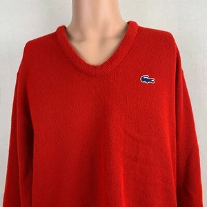 Izod Lacoste V Neck Sweater Vintage 70s Gator Logo Red Orlon Acrylic Size L  - Picture 1 of 6