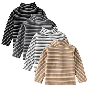 Kids Boys Girls Thermal Tops Winter Undershirt Stripe Turtleneck Fleece T Shirts - Picture 1 of 27