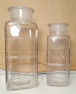 Glass Apothecary Jar Medical Square Bottle SET of 2 Recessed Label NO LIDS - Picture 1 of 4