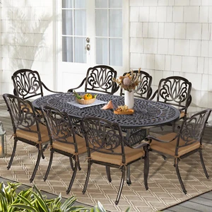 9 PCS Patio Dining Set Outdoor Furniture Set w/ Large Oval Table & 8 Chairs - Picture 1 of 48