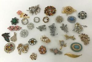 Vintage Brooch Bundle 33 Mixed Pin & Clip Crystal Diamante Marcasite Pearl Ename