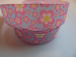 Grosgrain Floral Flower Pink Yellow Blue Ribbon 7/8" 22mm - Picture 1 of 1