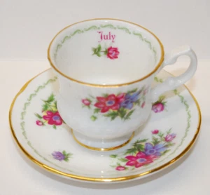 "Miniature" Cup & Saucer JULY Birthday Anniversary Occasion Gift Queens China - Picture 1 of 2