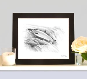 ATLANTIC SALMON Fish Art Print Drawing Print MOUNTED Present Gift For Angler - Picture 1 of 2